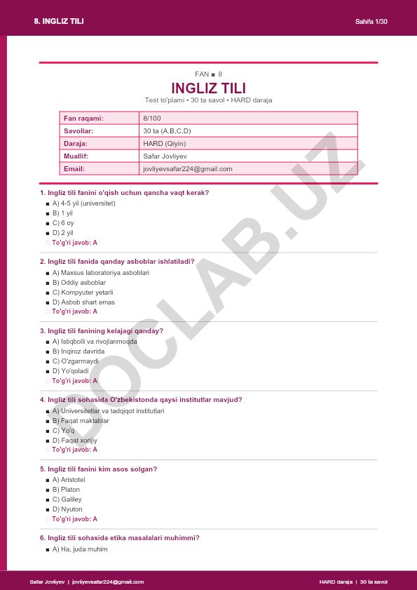 Ingliz tili faniga oid test savollari to'plami