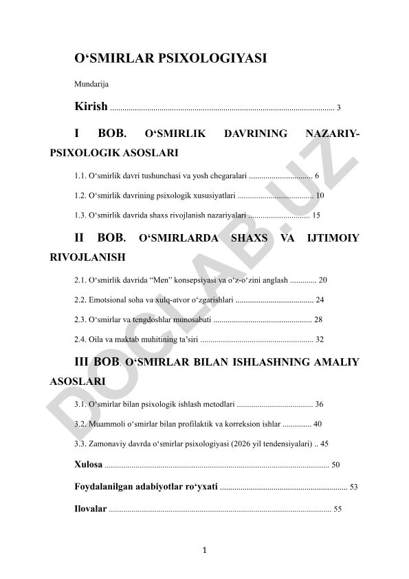 O'smirlik davrining nazariy-psixologik asoslari va amaliy ishlash metodlari