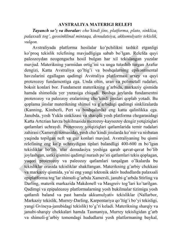Avstraliya materigi relefi va geologik tuzilishi