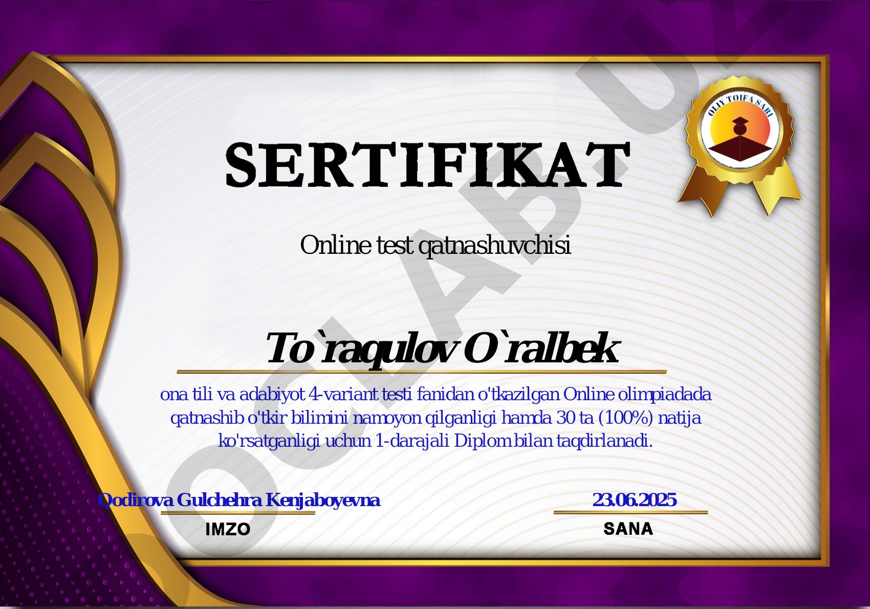 Online olimpiada natijalari bo'yicha diplom va sertifikatlar