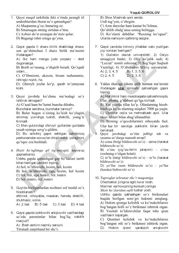 Ona tili test savollari va javoblari