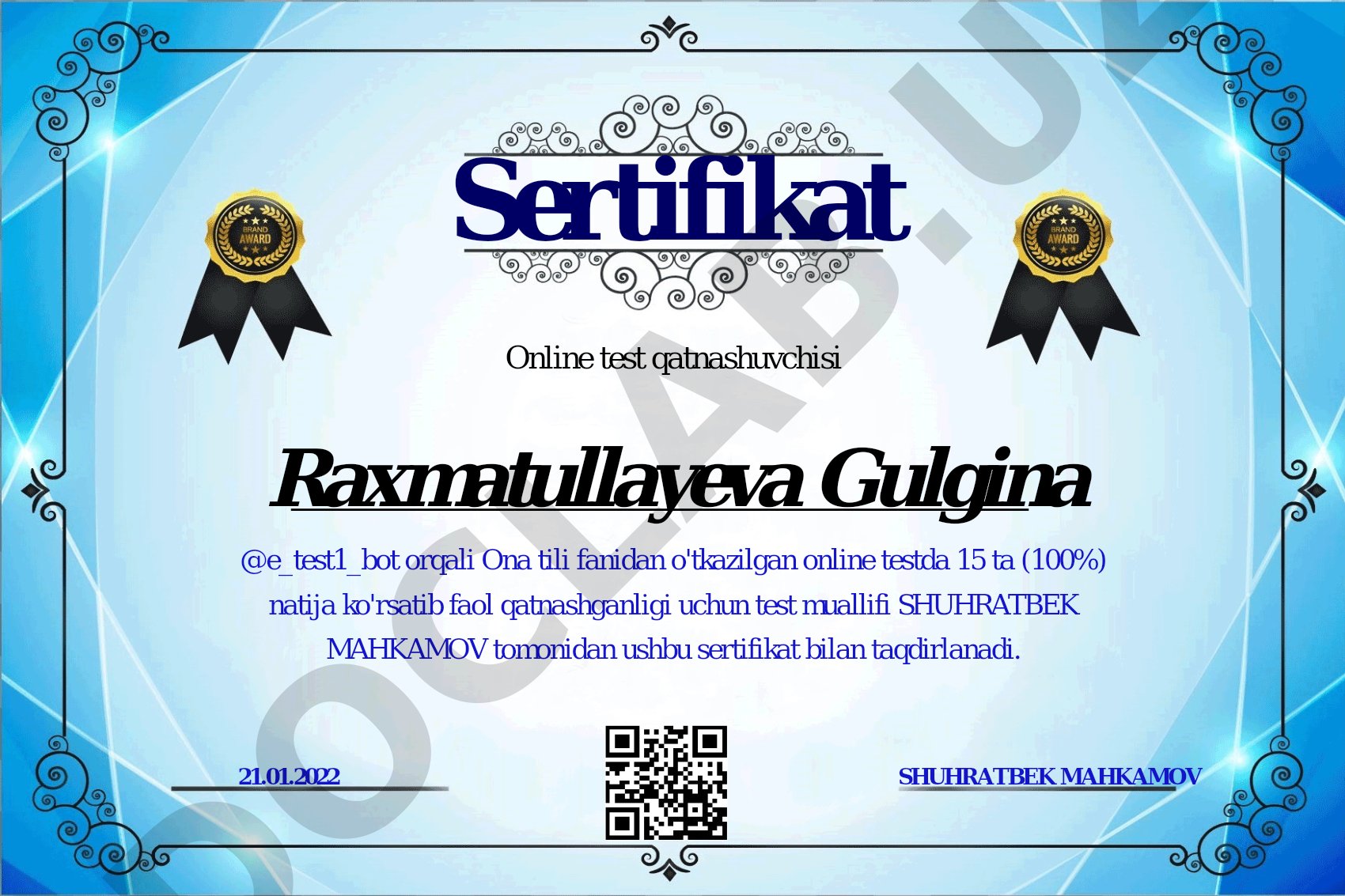 Ona tili fanidan online test sertifikatlari