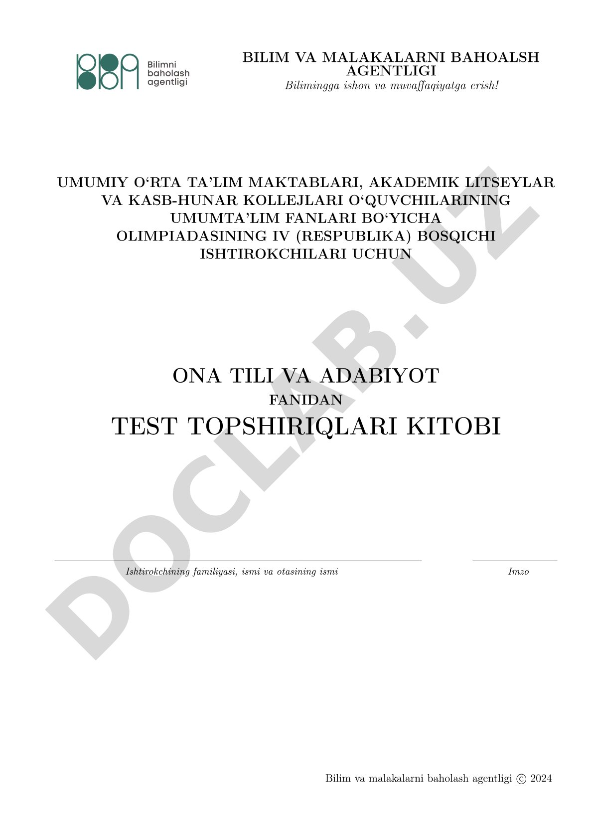 Ona tili va adabiyot fanidan test topshiriqlari kitobi