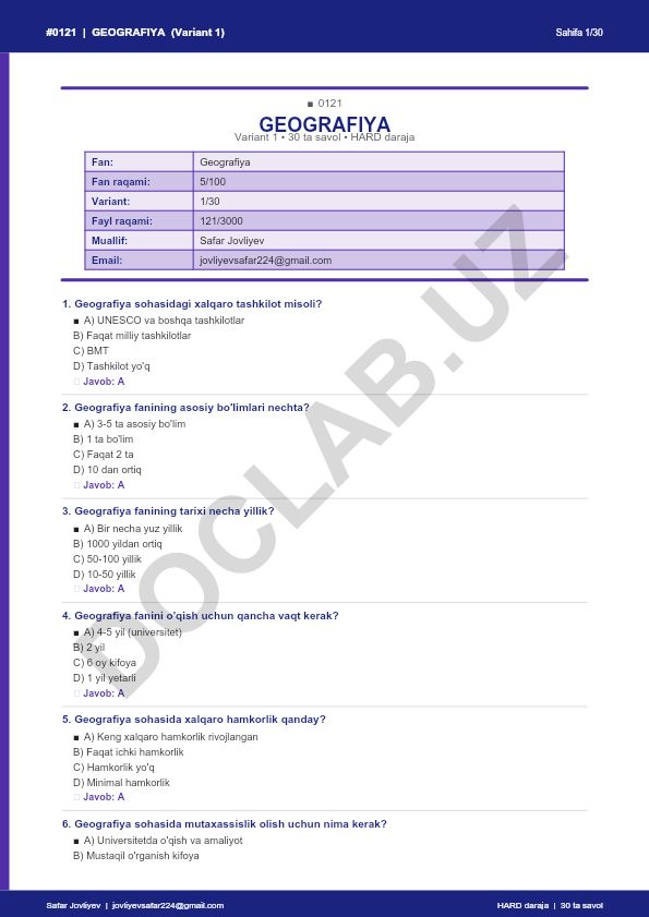Geografiya fanidan 30 ta savol testi (Variant 1)
