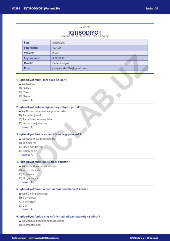 Iqtisodiyot faniga oid test savollari (Variant 29)