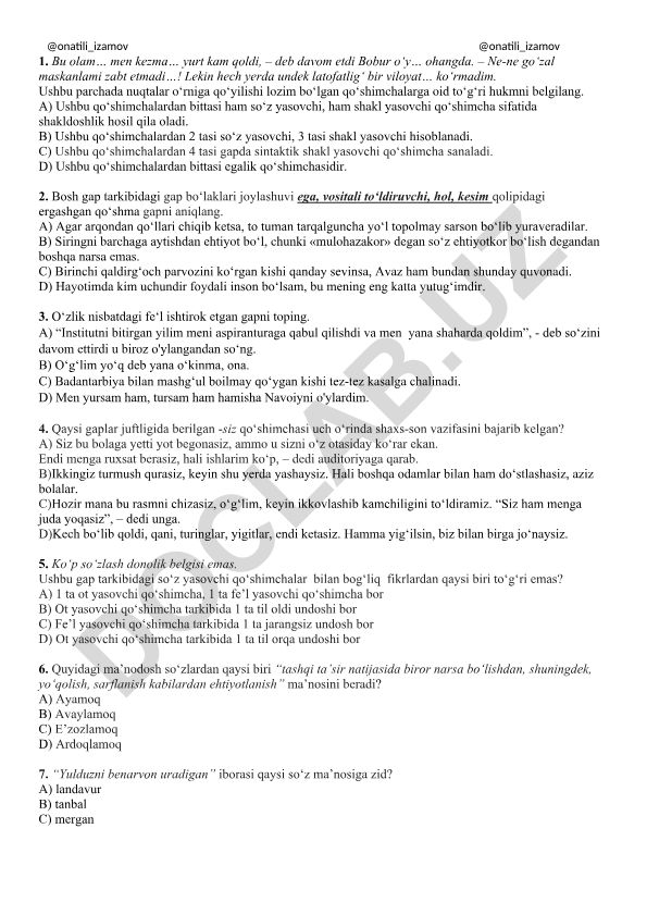 O'zbek tili qo'shimchalari va qo'shma gap tuzilishi test savollari
