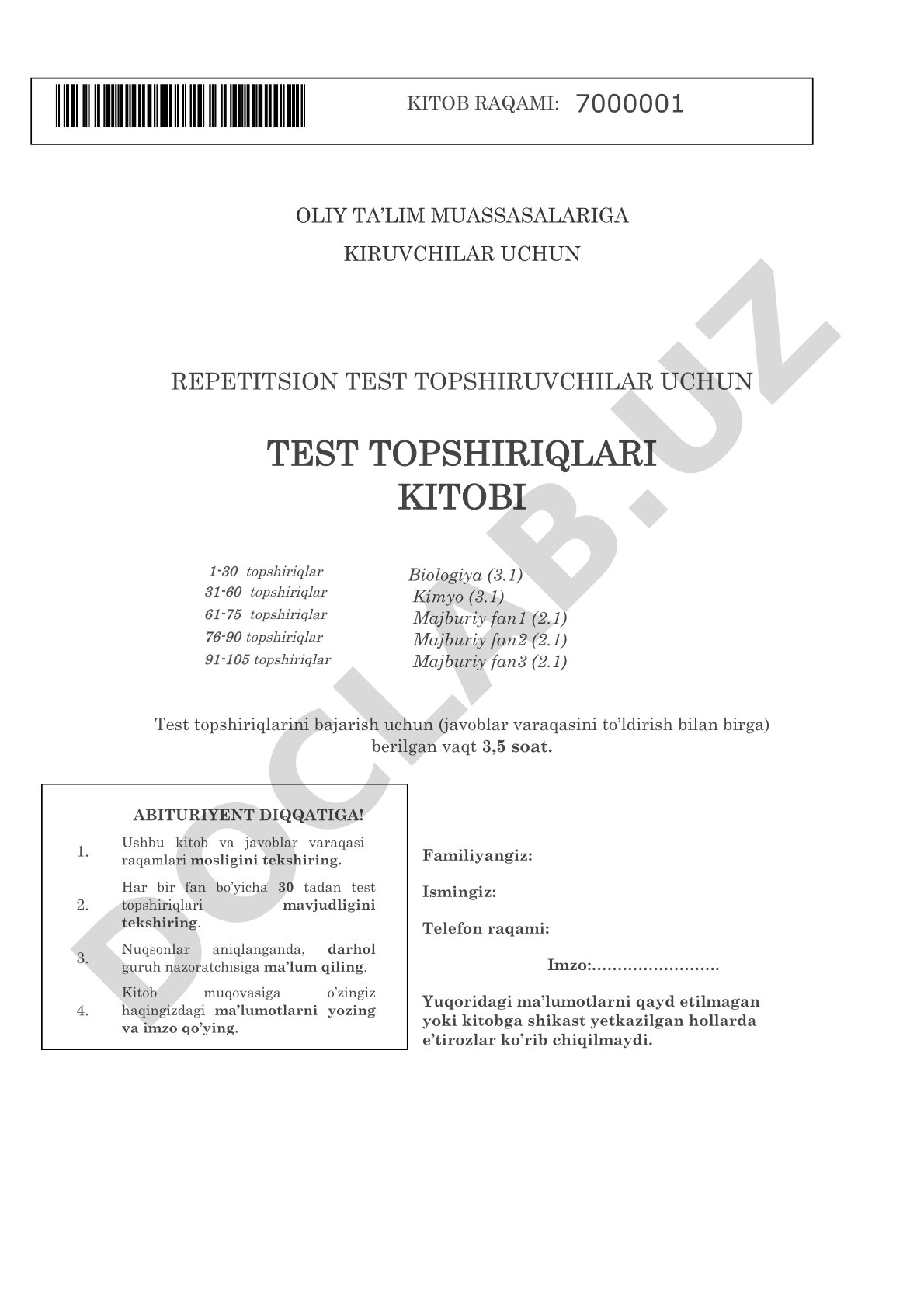 Repetitsion test topshiriqlari kitobi (Biologiya, Kimyo, Majburiy fanlar)