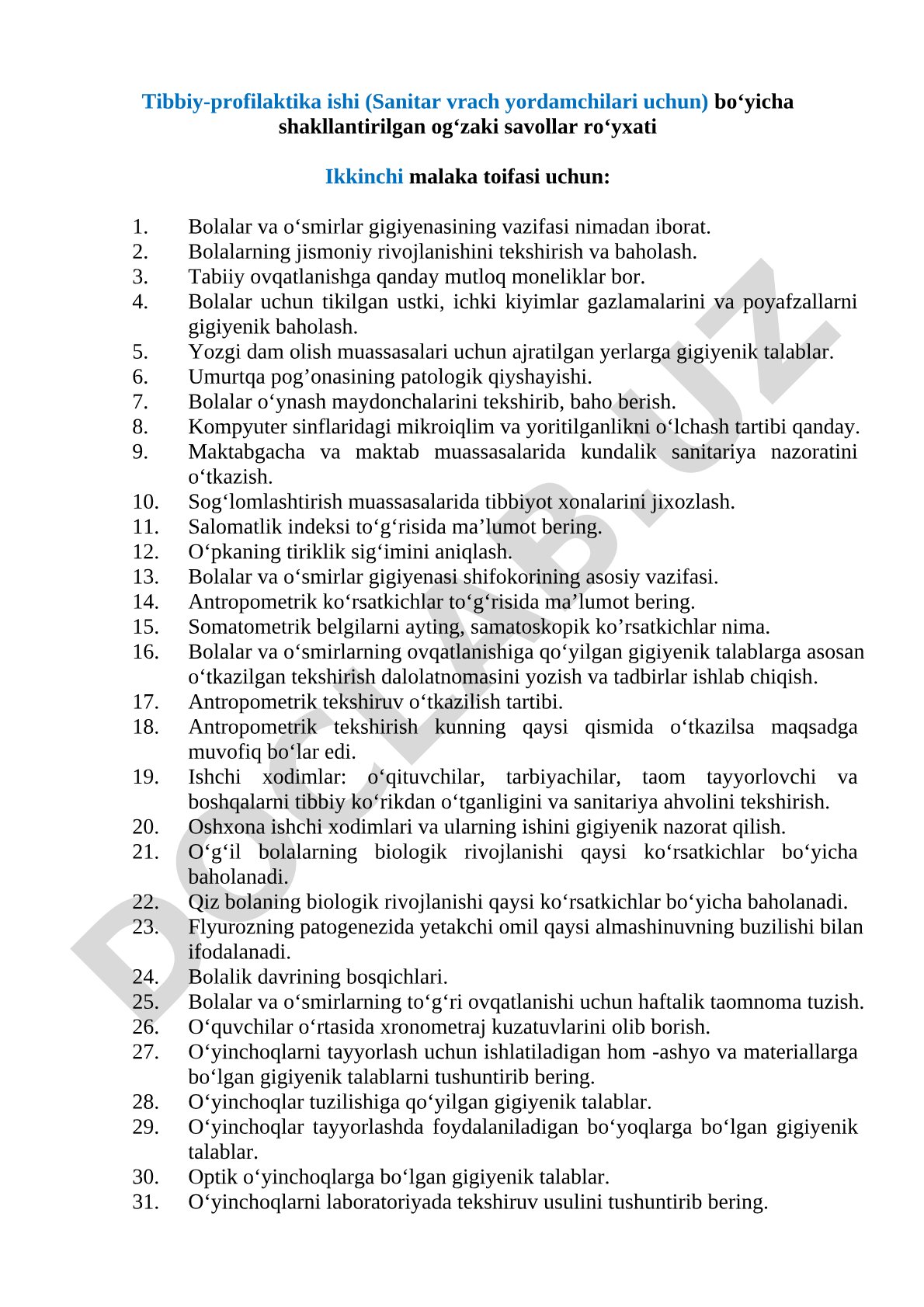 Tibbiy-profilaktika ishi bo‘yicha og‘zaki savollar ro‘yxati