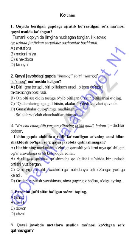 O'zbek tili test savollari va javoblari