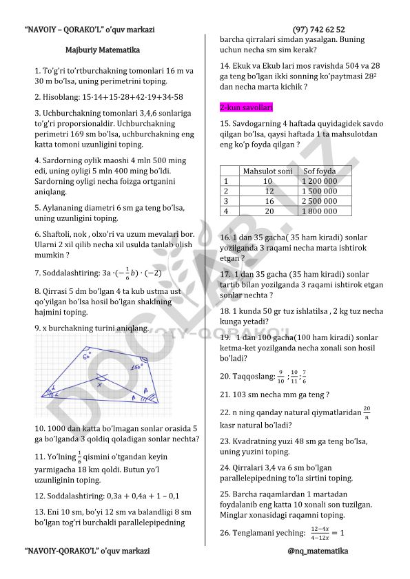 Matematika masalalari to'plami