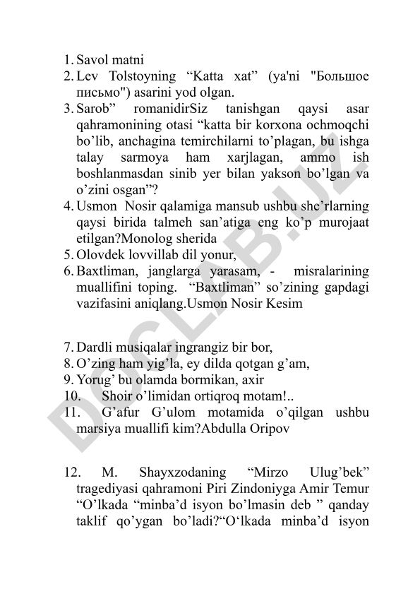 Adabiyot fanidan test savollari