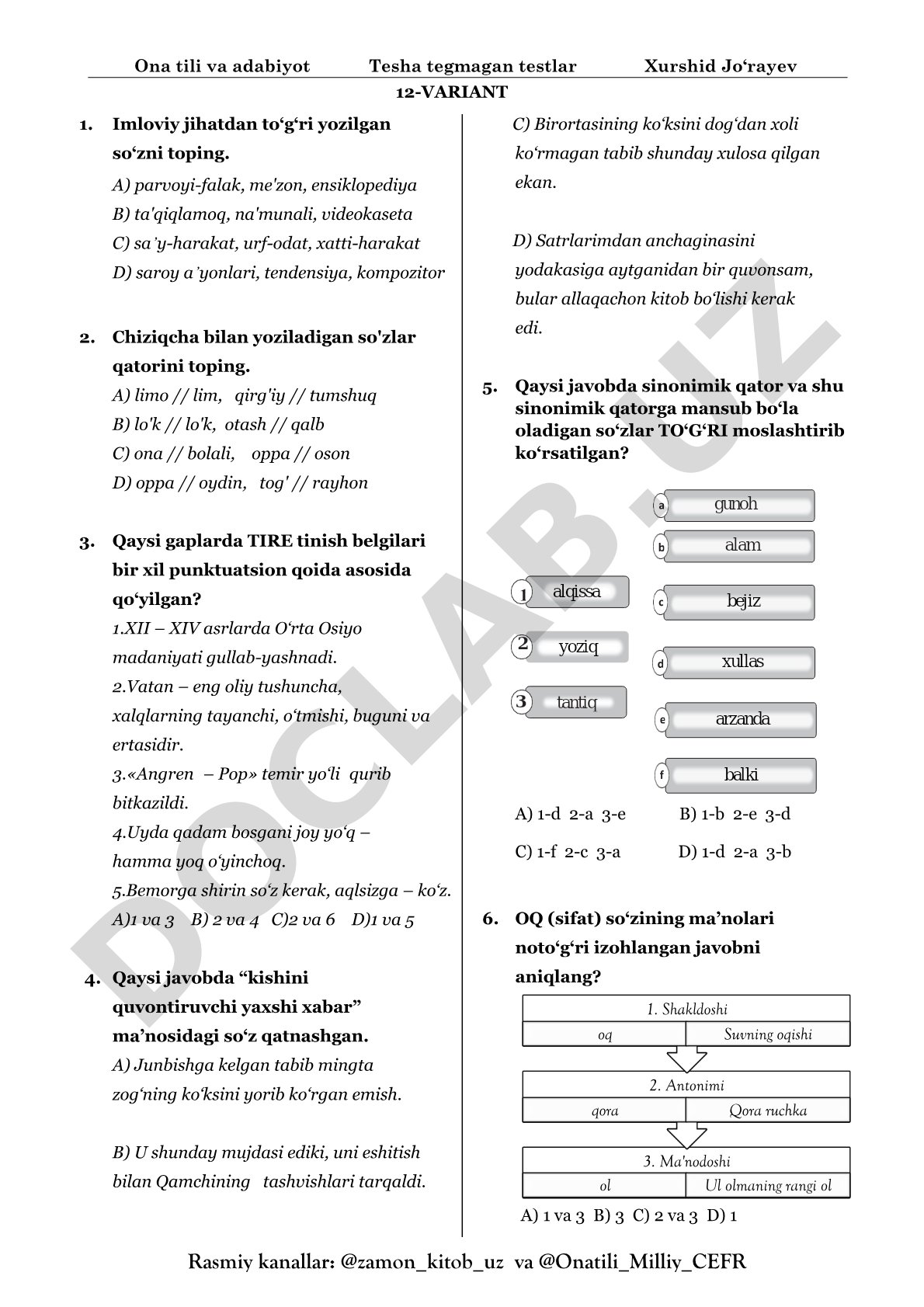 Ona tili va adabiyot testlari