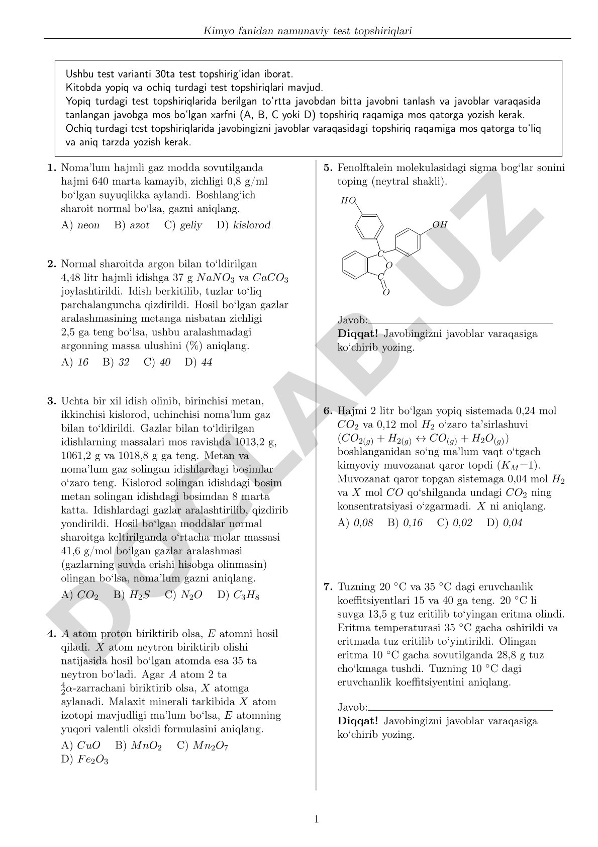 Kimyo fanidan namunaviy test topshiriqlari