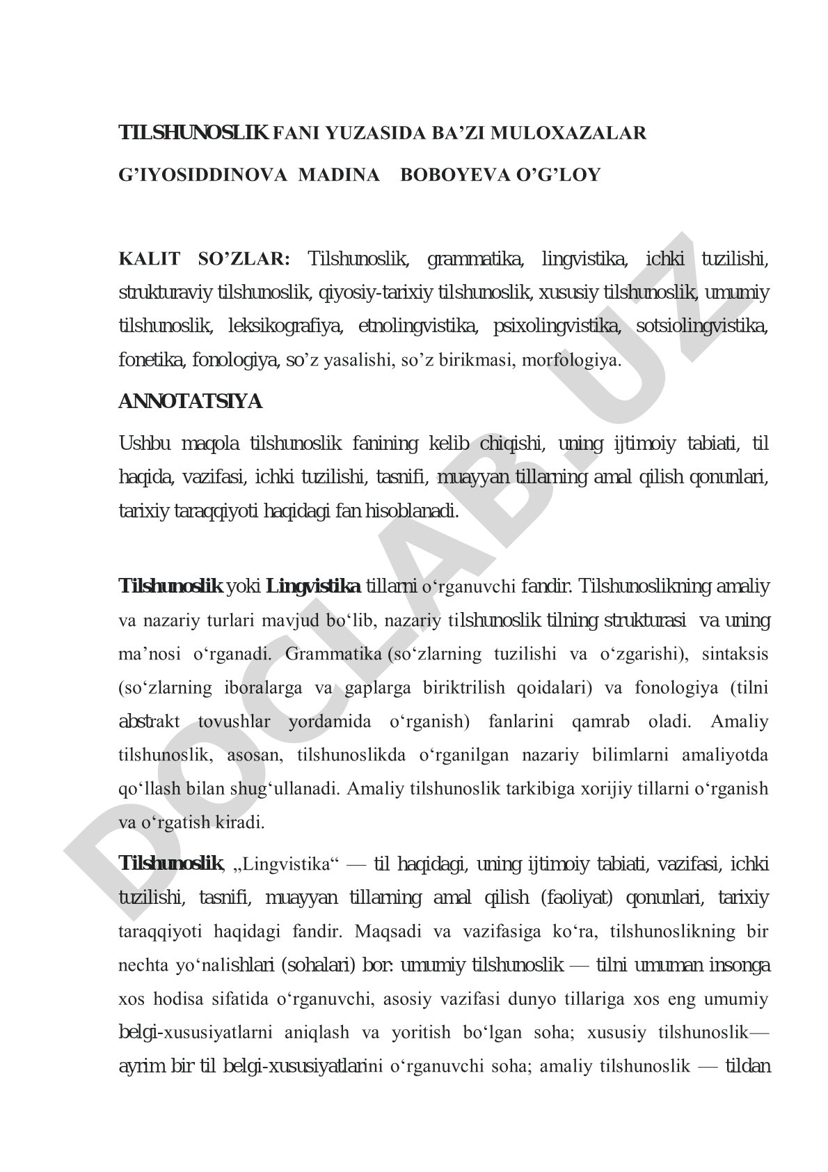 Tilshunoslik fani yuzasida ba'zi muloxazalar