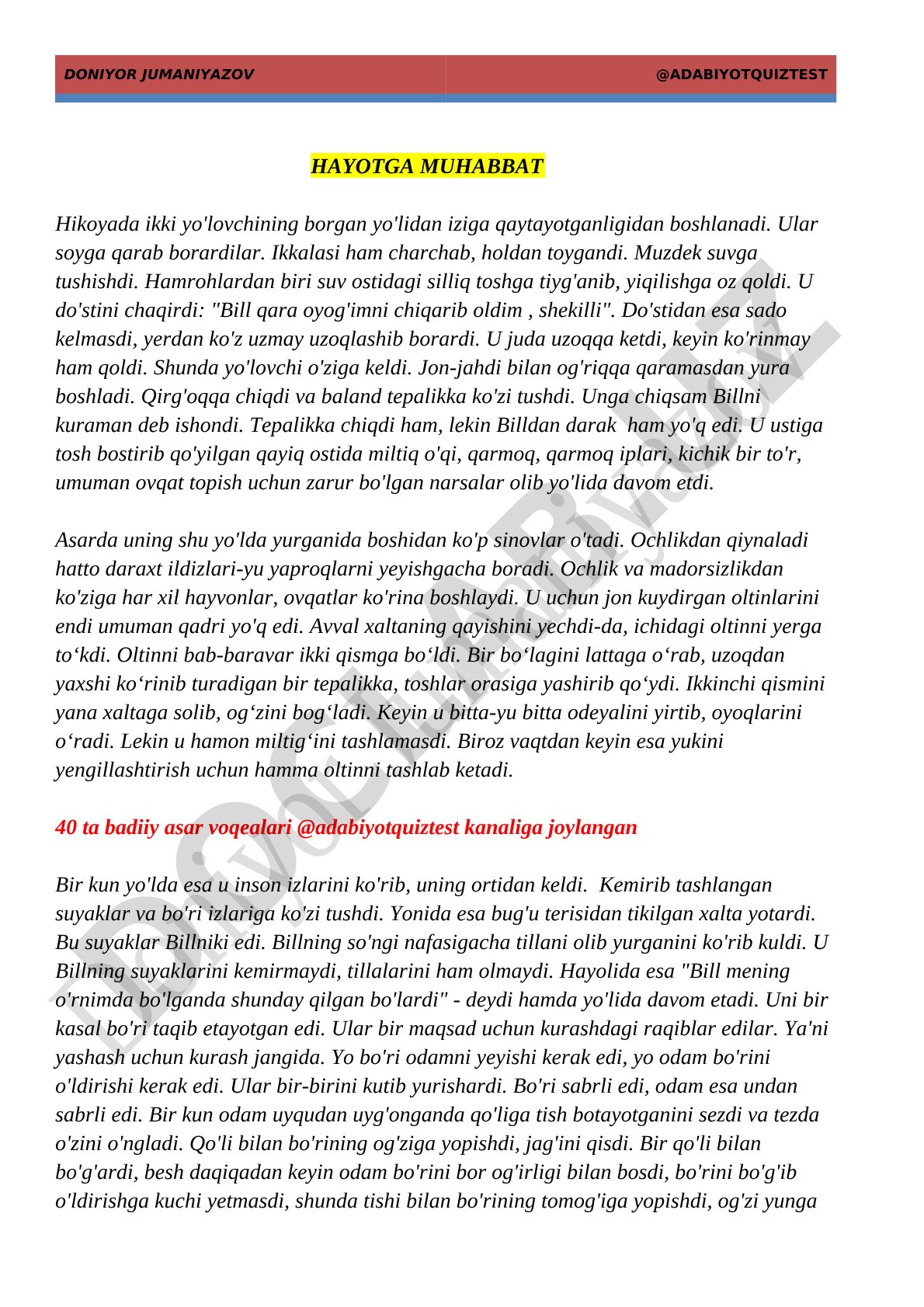 Hayotga muhabbat hikoyasi tahlili