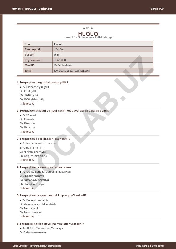 Huquq fanidan 30 ta savol testi (Variant 5)