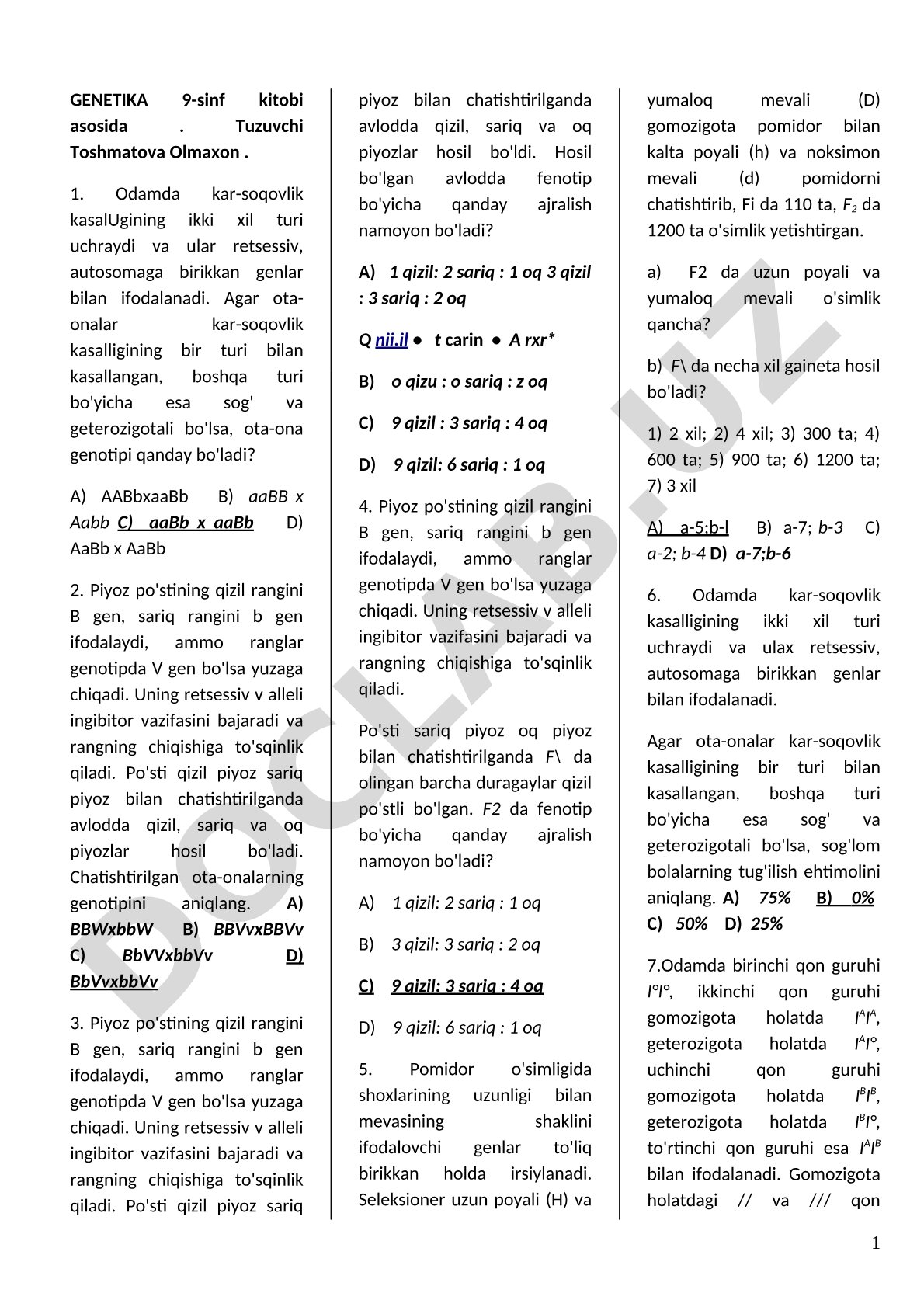 Genetika 9-sinf test savollari