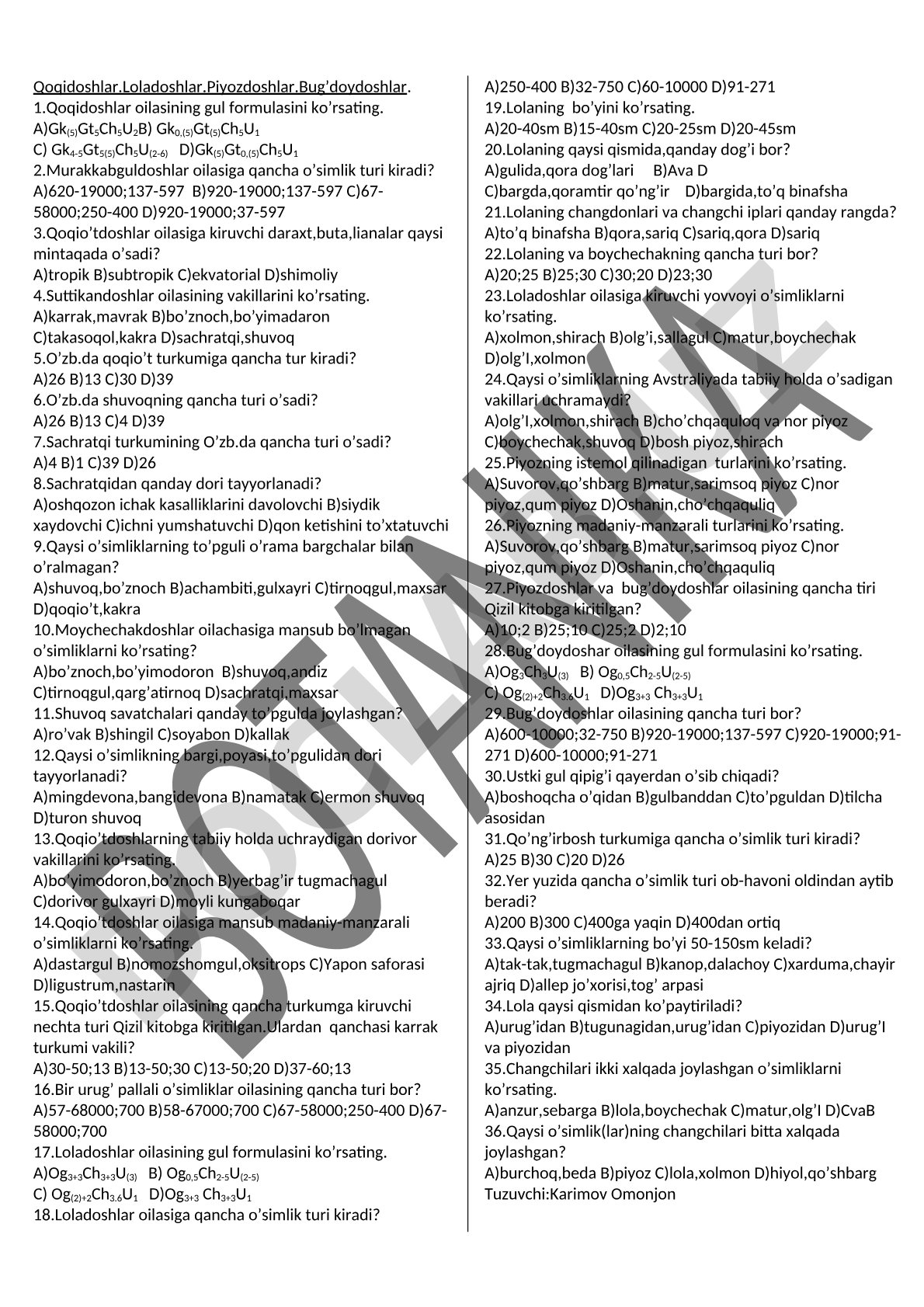Qoqidoshlar oilasi va murakkabguldoshlar oilasiga oid test savollari