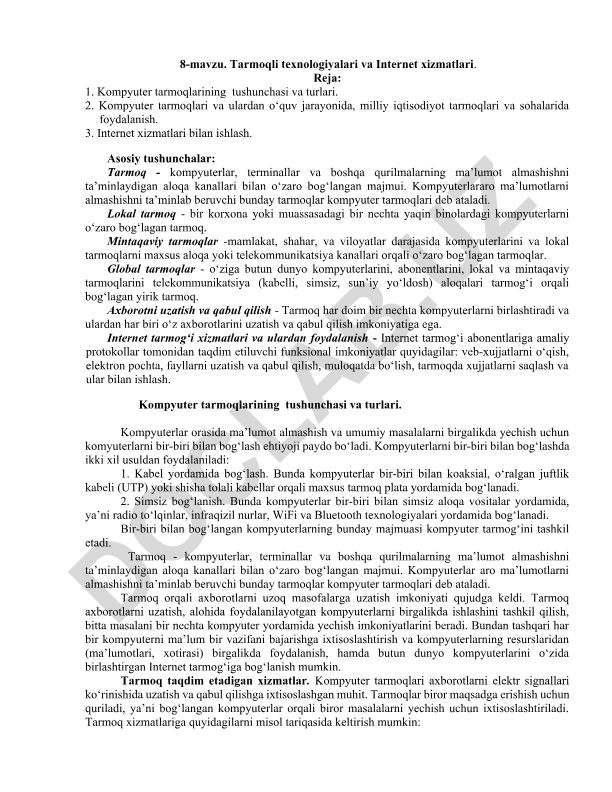 Tarmoqli texnologiyalari va Internet xizmatlari