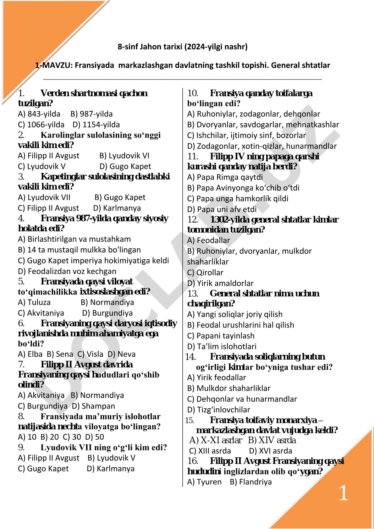 Fransiyada markazlashgan davlatning tashkil topishi. General shtatlar