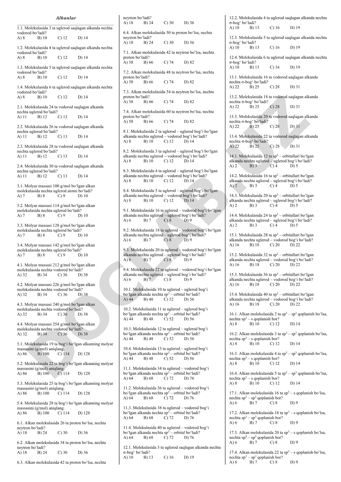 Alkanlar test savollari