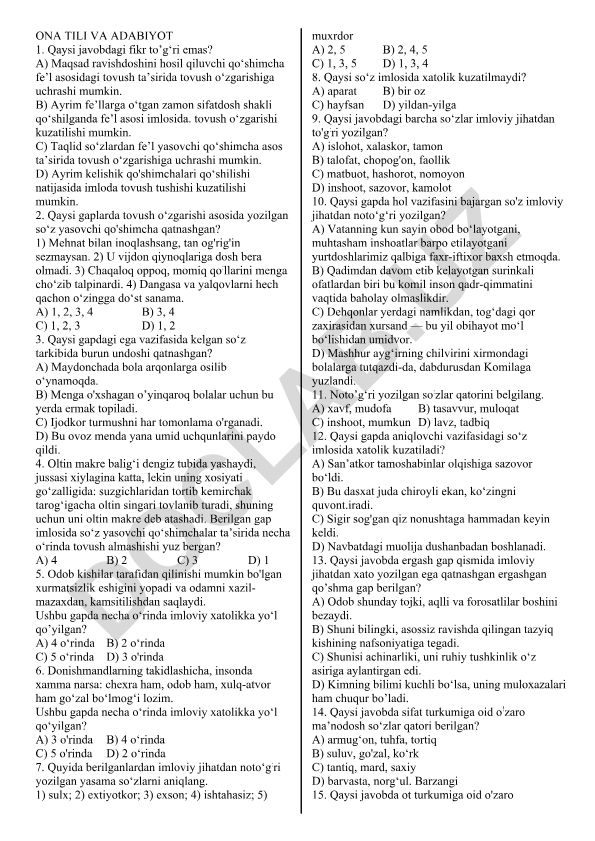 Ona tili va adabiyot fanidan test savollari