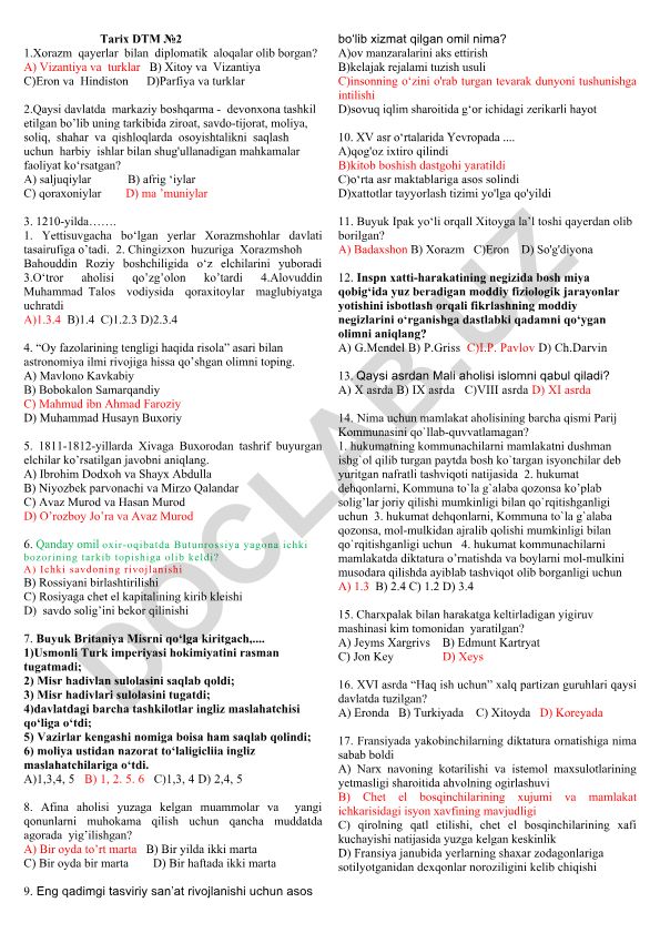 Xorazm tarixi va madaniyati test savollari