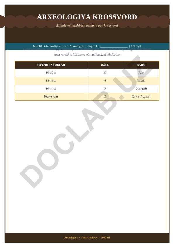 Arxeologiya fani bo'yicha bilimlarni tekshirish krossvord