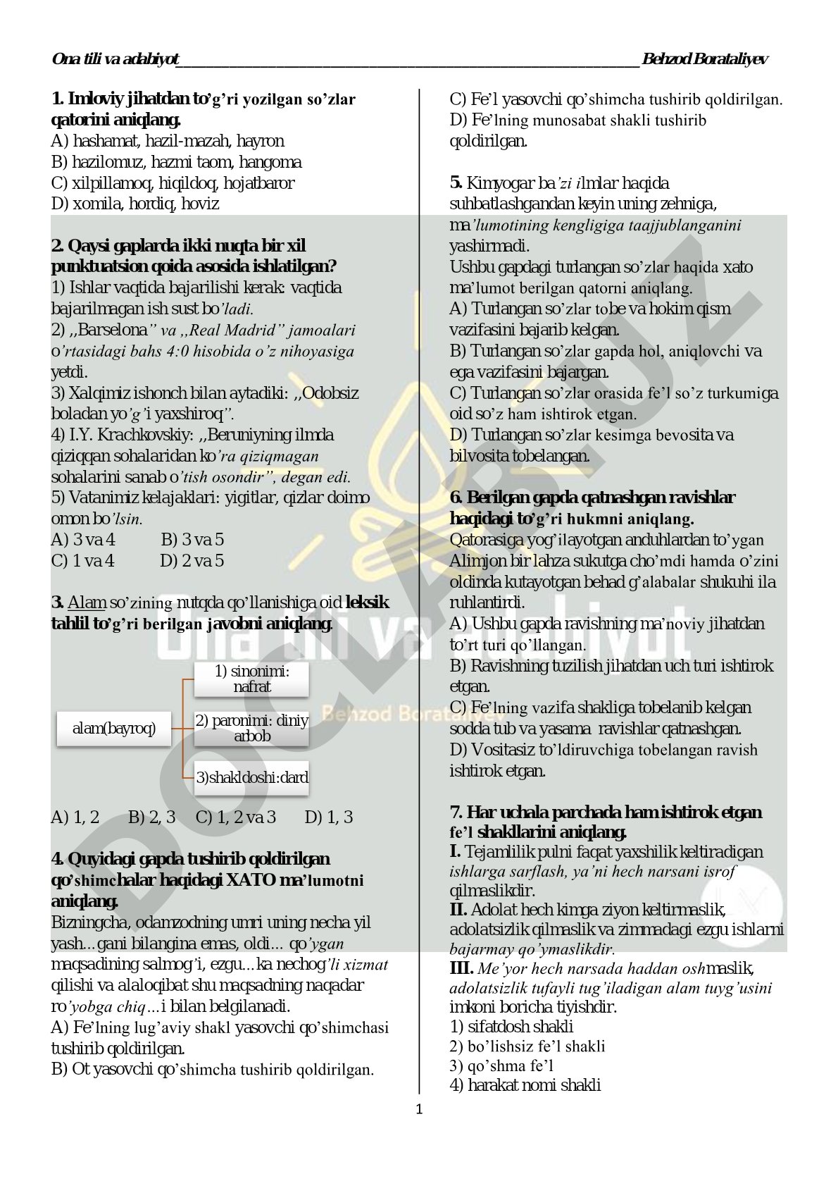 Ona tili va adabiyot test savollari