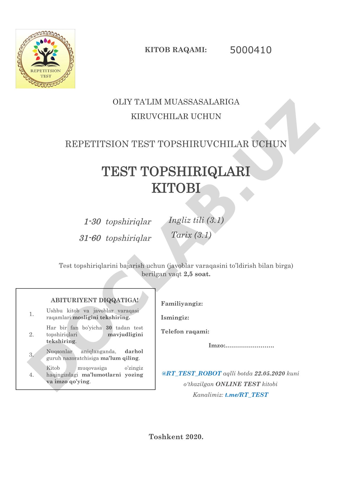 Repetitsion test topshiriqlari kitobi (Ingliz tili va Tarix)