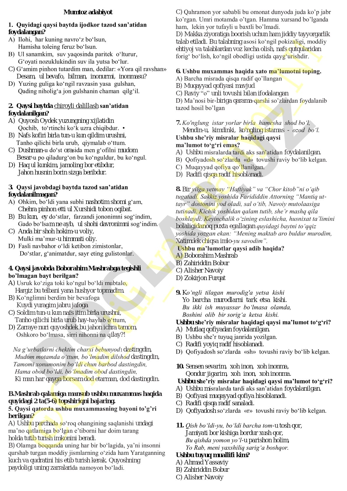 Mumtoz adabiyot san'atlari test savollari
