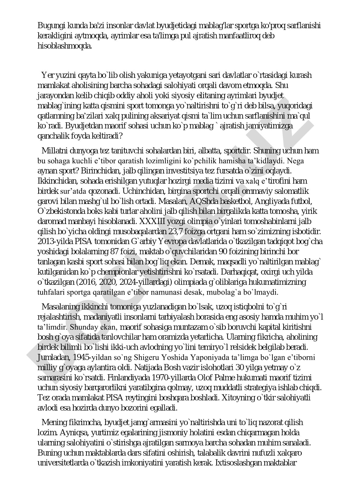 Byudjet mablag'larini sport va ta'limga taqsimlash masalalari