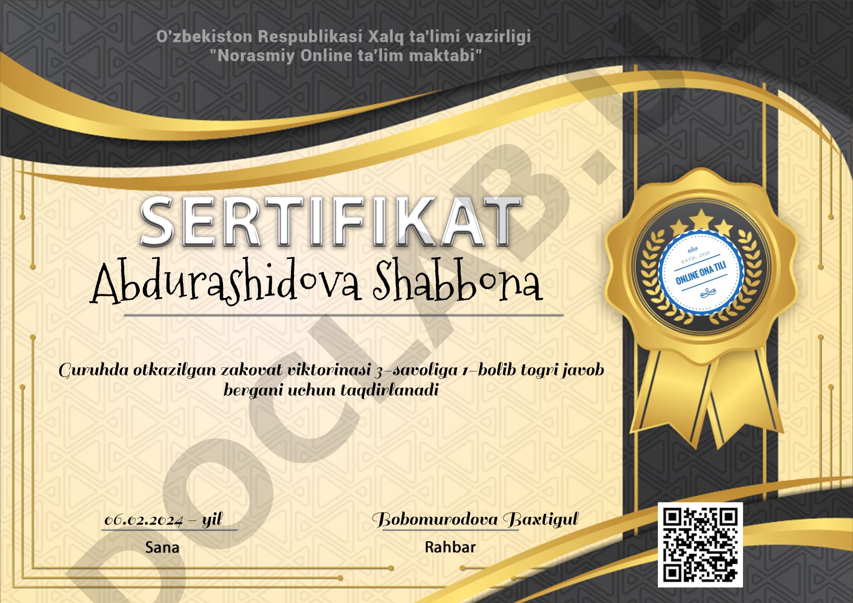 Zakovat viktorinasi g'olibi taqdirlanishi