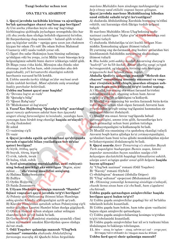 Ona tili va adabiyot fanidan test savollari