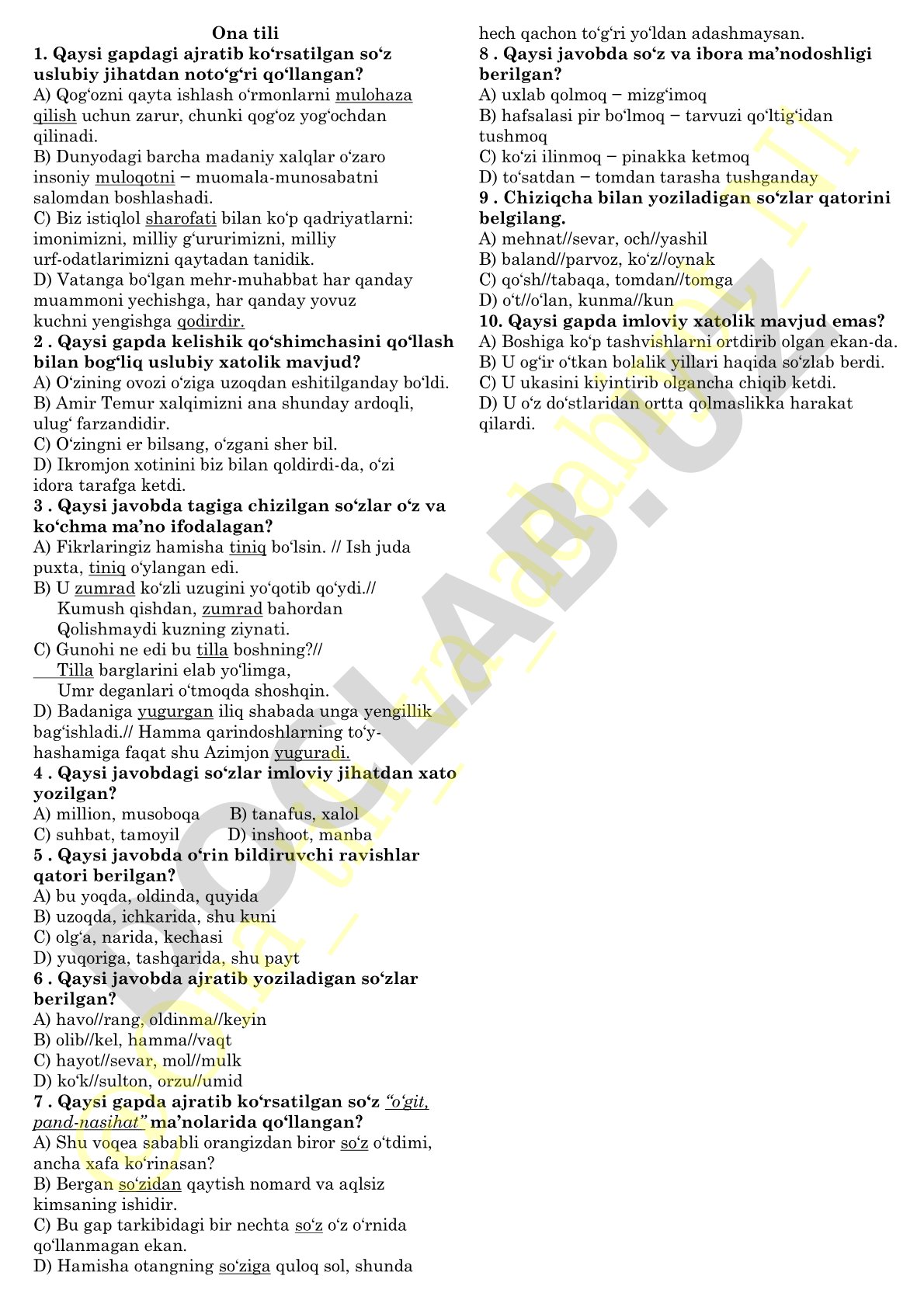 Ona tili test savollari