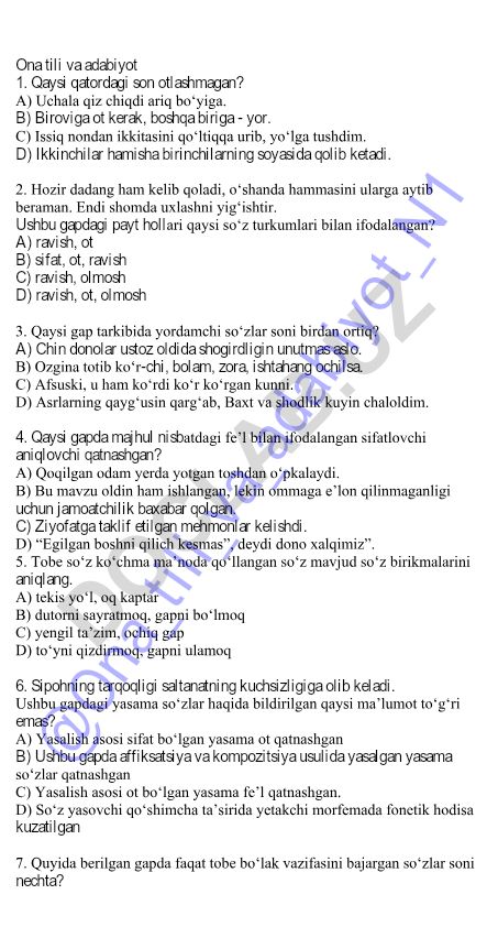 Ona tili va adabiyot fanidan test savollari