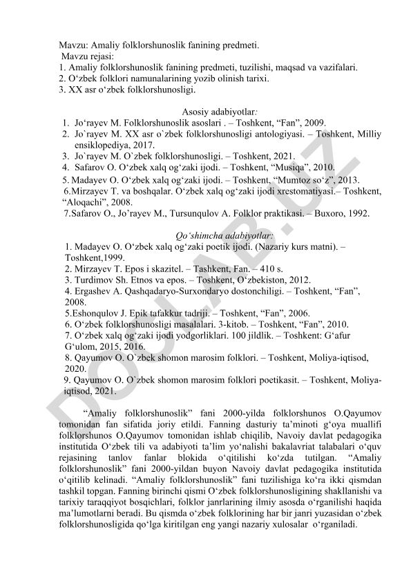 Amaliy folklorshunoslik fanining predmeti