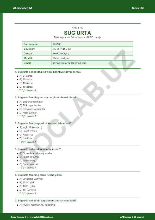Sug'urta fanidan test savollari to'plami