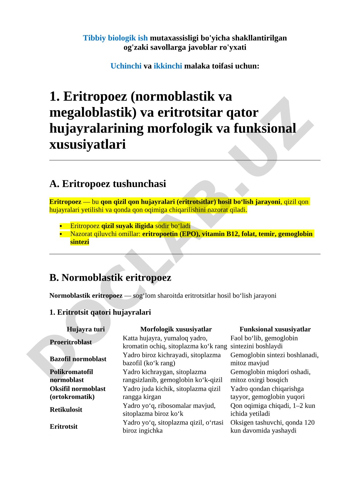 Tibbiy biologik ish mutaxassisligi bo'yicha og'zaki savollarga javoblar