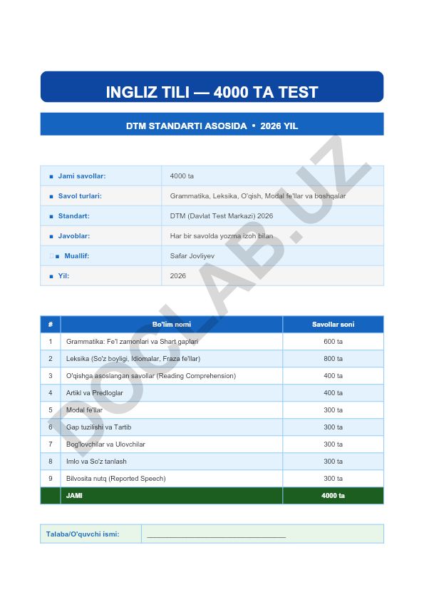 Ingliz tili DTM standarti asosida 4000 ta test savollari