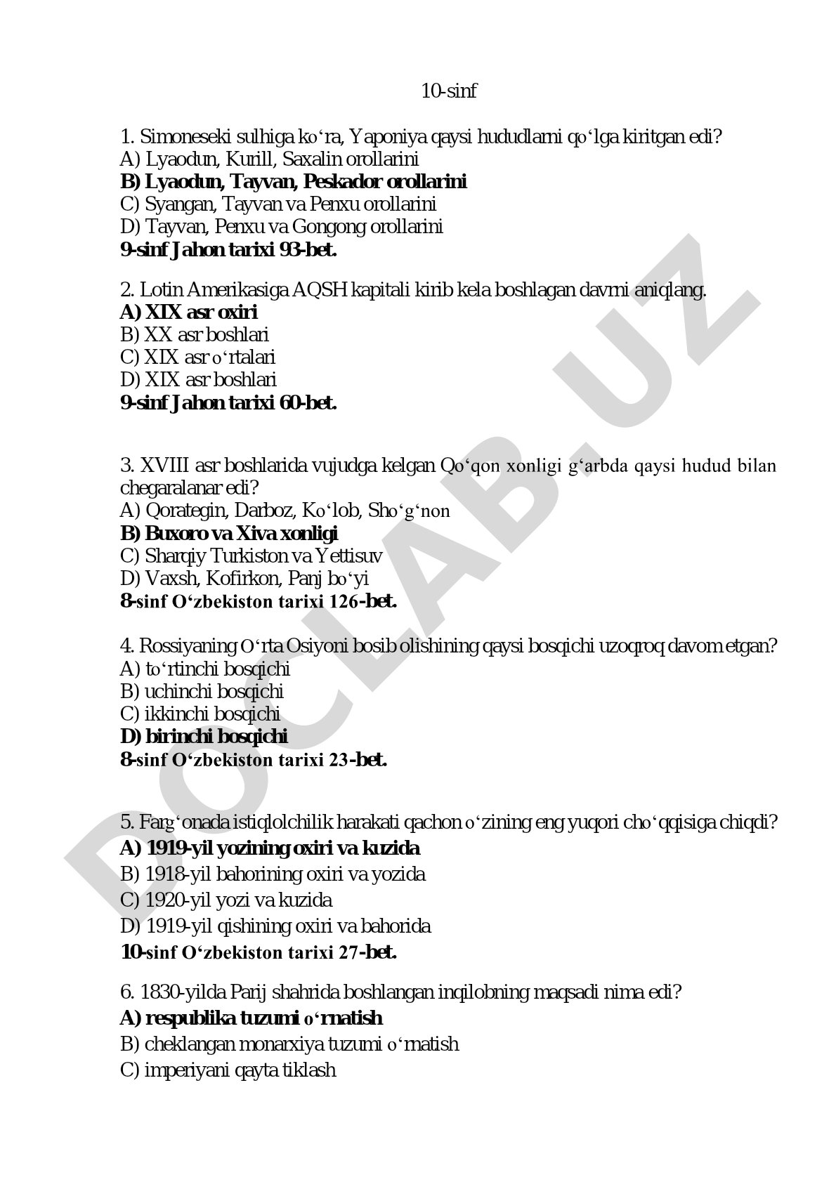 Tarix fanidan test savollari