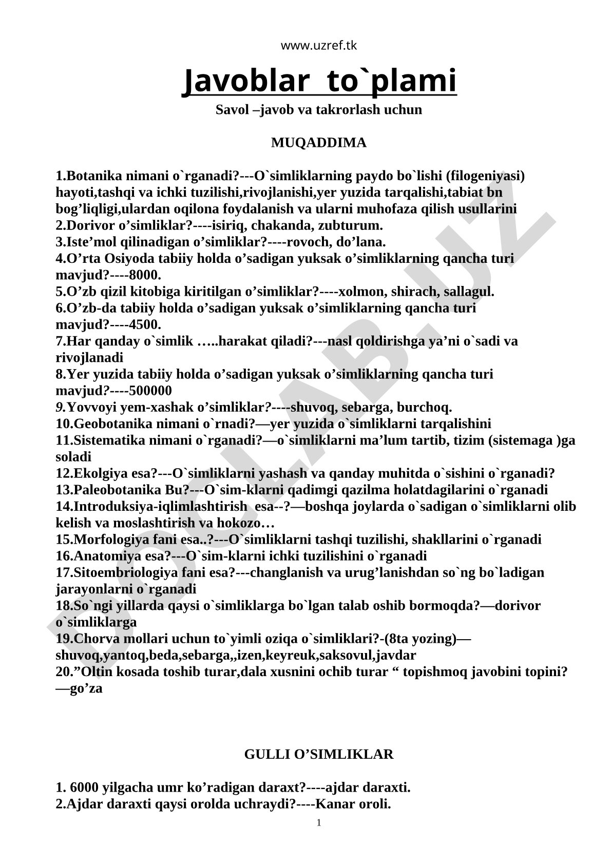 Botanika fanidan savol-javoblar