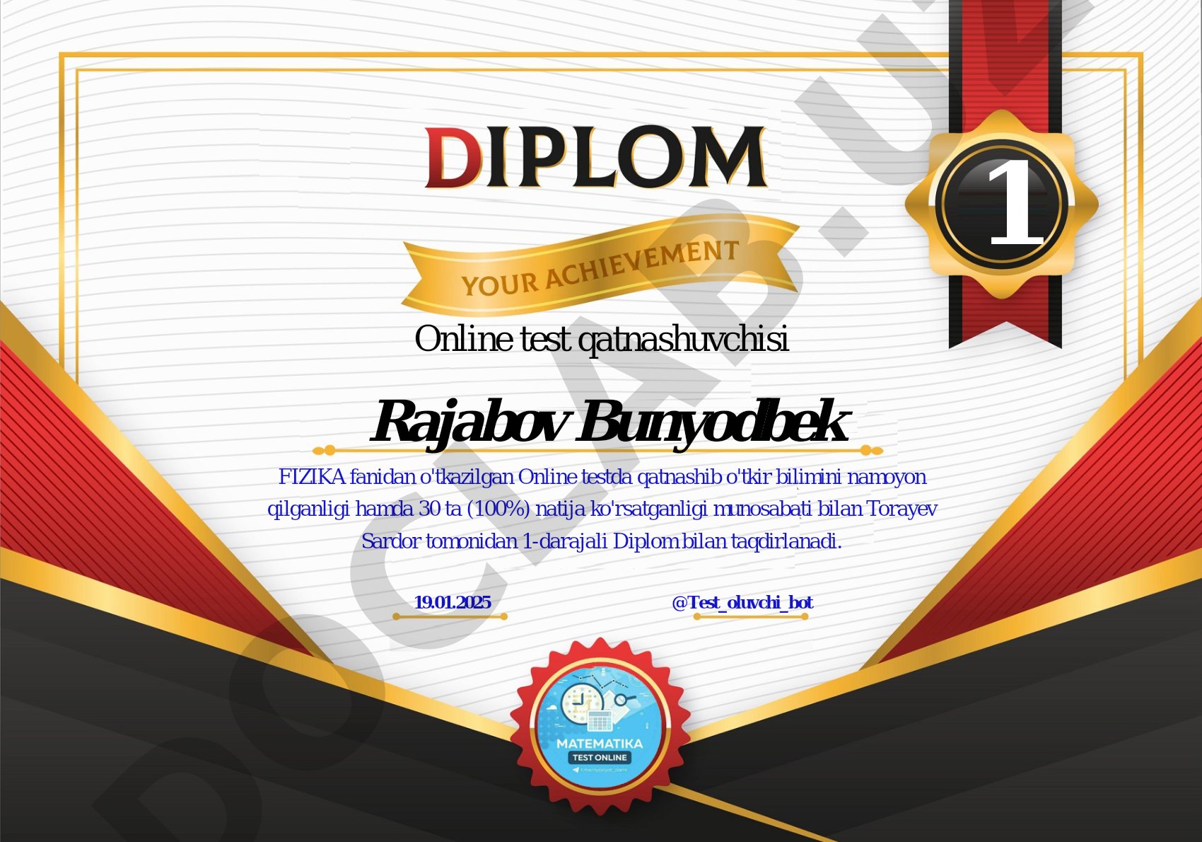 Fizika fanidan online test natijalari va diplomlar