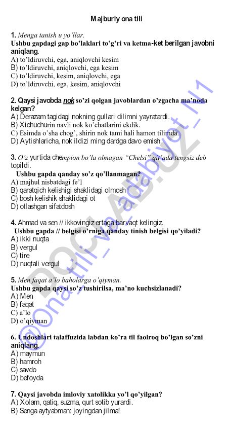 Ona tili test savollari va javoblari