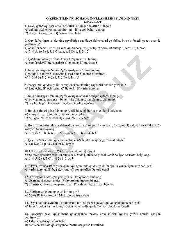 O‘zbek tilining sohada qo‘llanilishi fanidan test savollari