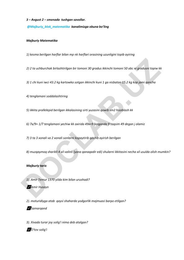 3-Avgust 2-smena matematika va tarix savollari