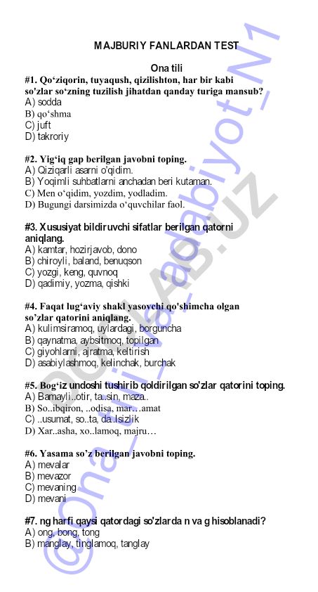 Ona tili fanidan test savollari