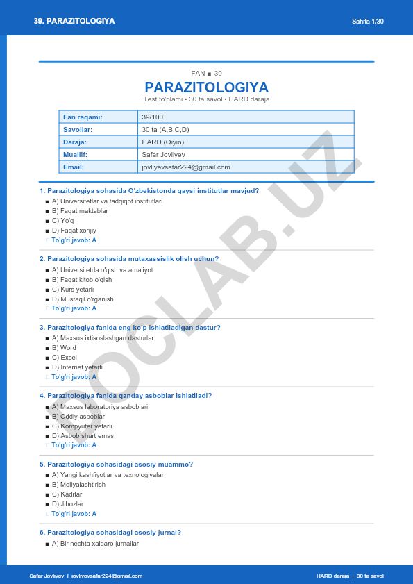 Parazitologiya fanidan test to'plami