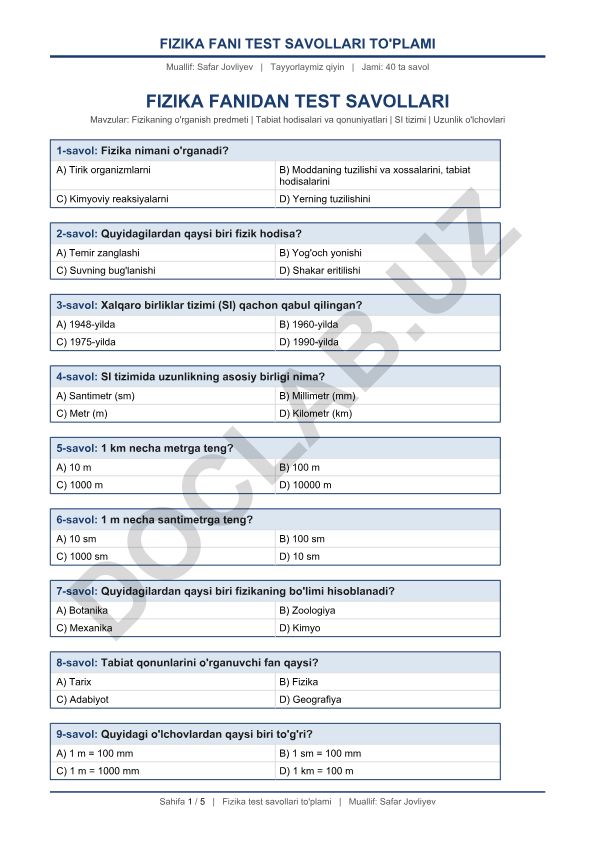 Fizika fanidan test savollari to'plami