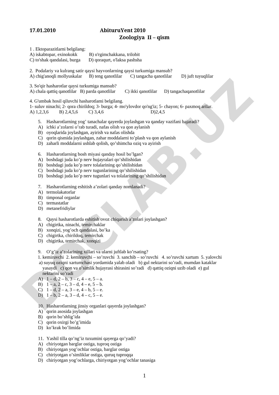 Abituriyent 2010 Zoologiya II – qism 1 test savollari